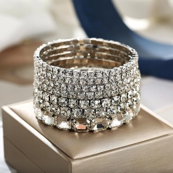 ✨ Winssigma Stretch Bracelets Women Silver Bridal Stackable Rhinestone Jewelry - Picture 4 of 6